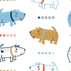 Kinderachtig naadloos vectorpatroon met gelukkige schattige honden en sterrenclassificatie. Doodle Cartoon grappige puppy& 39 s achtergrond voor kinderen. Behang met huisdieren voor babymode, kinderkamerontwerp