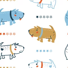 Fototapete Hunde Kindisches nahtloses Vektormuster mit glücklichen netten Hunden und Sternebewertung. Gekritzel-Karikatur-lustiger Welpen-Hintergrund für Kinder. Tapete mit Haustieren für Babymode, Kinderzimmer Design
