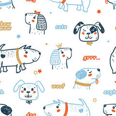 Childish Seamless Vector Pattern with Happy Cute Dogs and Words. Doodle Cartoon Funny Puppies Background for Kids. Wallpaper with Pet Animals for Baby Fashion, Nursery Design