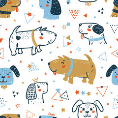 Childish Seamless Vector Pattern with Happy Cute Dogs, Triangles and Stars. Doodle Cartoon Funny Puppies Geometric Background for Kids. Abstract Wallpaper with Pet Animals for Baby Fashion