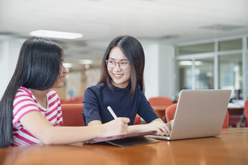 Back to school education knowledge college university concept, High school or college students studying and reading together in library education concepts
