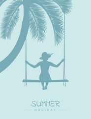 girl on a swing on summer holiday tropical palm background vector illustration EPS10