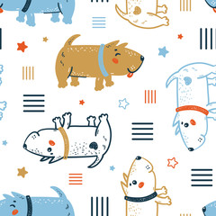 Childish Seamless Vector Pattern with Happy Cute Dogs. Doodle Cartoon Funny Puppies Background for Kids. Abstract Wallpaper with Pet Animals for Baby Fashion