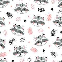 Fototapeta premium Cute Raccoons. Little Raccoon Face and Leaves Floral Seamless Pattern. Kawaii Animal Heads Vector Childish Background for Kids Fashion Design. Print for Nursery Wallpaper, Baby Shower, Birthday