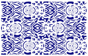 Tribal folk woodcut lino cut pattern. Monochromatic blue ink hand made ornament, decorative motif. Low-fi grungy ornate indigenous style. Naive art retro folk pattern decor, wallpaper, textile print
