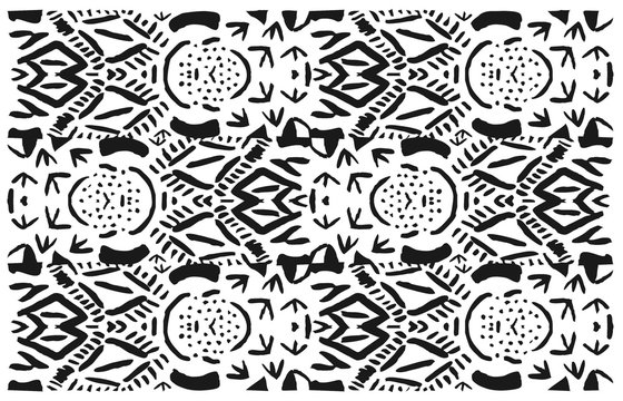 Tribal folk woodcut lino cut pattern. Monochromatic black ink hand made ornament, decorative motif. Low-fi grungy ornate indigenous style. Naive art retro folk pattern decor, wallpaper, textile print