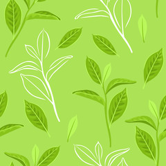 Fresh leaves on green background. Botanical seamless pattern. Vector illustration of young twigs in cartoon flat style. Spring floral image.