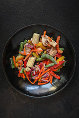 frozen vegetables mix salad onion, corn, pepper, paprika, mushrooms, asparagus beans, carrot and others, ketogenic diet menu concept. food background. top view. copy space