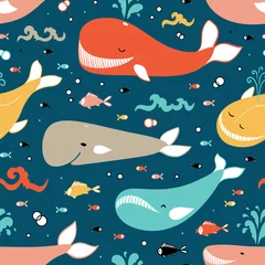 Keuken foto achterwand Golven Vector schattig walvissen met verschillende, vissen en zee golven naadloze patroon. Cartoon Oceaan dieren. Zeedieren Kleurrijke Achtergrond voor Kinderen