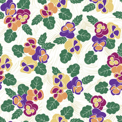 Vector Flowers Pansies in Pink Orange Yellow Purple with Green Leaves Scattered on White Background Seamless Repeat Pattern. Background for textiles, cards, manufacturing, wallpapers, print, gift wrap