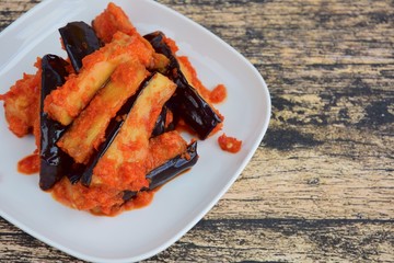 Terong Balado, Indonesian food. Fried eggplant with chili sauce 