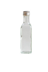 close up of glass bottle container for liquid or water isolated on white background with clipping path.