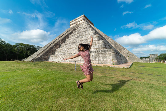 Happy girl Chichen Itza Mayan Ruins Yucatan Mexico