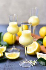 traditional Italian digestif liqueur Limoncello with lemons and cream, Italian food , Italy