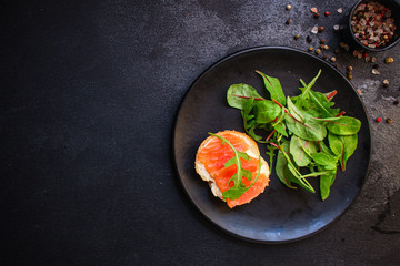 sandwich salmon smorrebrod delicious snack seafood fish, pescatarian menu concept. food background. top view. copy space