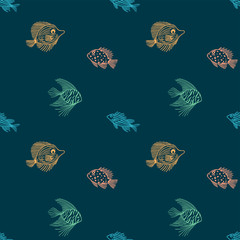 Seamless pattern of color fish on dark blue background. Childrens vector outline endless fish pattern. For wrapping paper, box,scrapbooking, textile, background. For fish market, , aquarium,