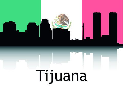 Black Silhouette Of Cityscape Panorama Reflection With Background National Flag Of Tijuana, Mexico