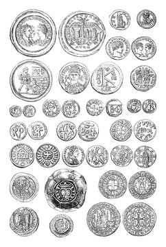 Old coin collection - byzantine empire and early middle ages period / vintage illustration from Brockhaus Konversations-Lexikon 1908