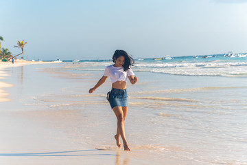 Woman enjoying beautiful Tulum beach Mexico North America