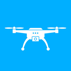 White drone vector icon on blue background