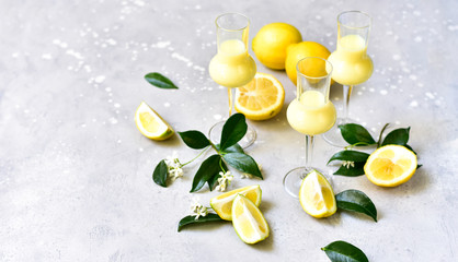 traditional Italian digestif liqueur Limoncello with lemons and cream, Italian food , Italy