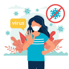 Woman wearing a medical mask. Coronavirus quarantine, respiratory virus concept, Vector illustration in flat style