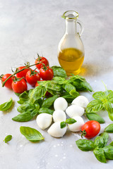 Italian caprese salad. Italy food Ingredients mozzarella buffalo, fresh basil, red tomatoes and olive oil. Italian cuisine, healthy lunch meal.  selective focus, copy space