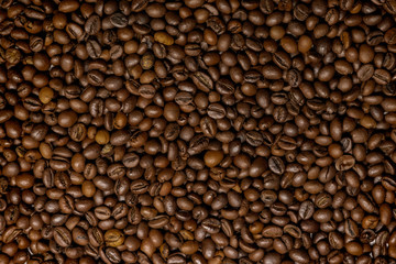 Background of coffee beans. Top view. Close up.