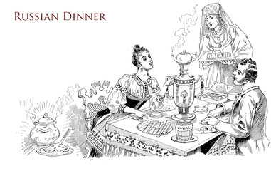 Gentleman and lady with fashionable dress inspired by Russian tradition at dinner in a folkloric Russian restaurant eating typical food and caviar served by a waitress in traditional costume