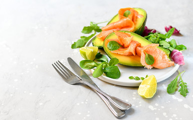keto diet food : salmon and avocado  with arugula and lime. healthy lunch. ketogenic diet  food