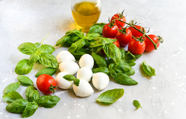 Italian caprese salad. Italy food Ingredients mozzarella buffalo, fresh basil, red tomatoes and olive oil. Italian cuisine, healthy lunch meal.  selective focus, copy space