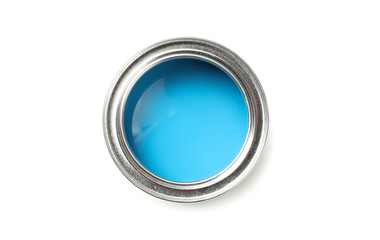 Can of blue paint isolated on white background