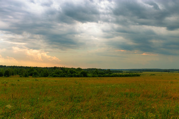 Picturesque clouds float over a wild meadow. The approaching storm. Ivanovo region, Russia.