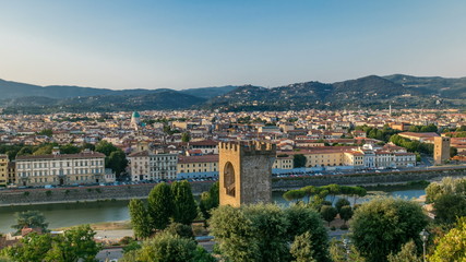 Fototapeta na wymiar Beautiful landscape above timelapse, panorama on historical view of the Florence from Piazzale Michelangelo point. Italy.