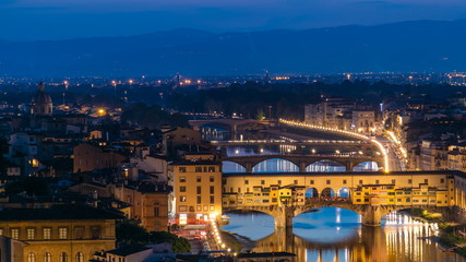 Fototapeta premium Scenic Skyline View of Arno River day to night timelapse, Ponte Vecchio from Piazzale Michelangelo at Sunset, Florence, Italy.