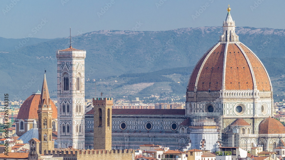 Wall mural duomo santa maria del fiore timelapse and bargello in the morning from piazzale michelangelo in flor