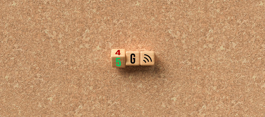 cubes showing the change from 4G to 5G on cork background