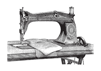 Old sewing machine / vintage illustration from Brockhaus Konversations-Lexikon 1908