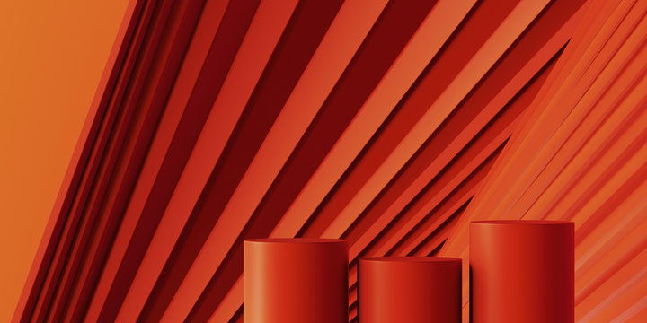 Abstract background for branding and minimal presentation. Lava red tone podium on folding paper pleated geometric background. 3d rendering illustration.