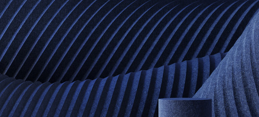 Abstract background for branding and minimal presentation.Blue podium on folding fabric pleated geometric background. 3d rendering illustration.