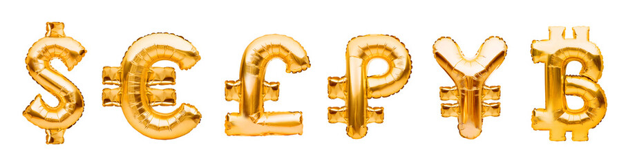 Money symbols made of golden balloons. Dollar, euro, pound, ruble, yen and bitcoin. Major monetary units of the world, currency symbols made of inflatable foil balloon. Investment and banking concept