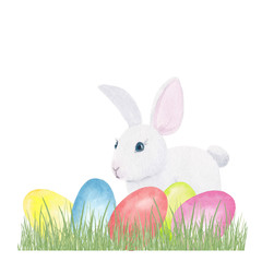 Watercolor hand drawn Easter composition with white rabbit and multi colored eggs on spring green grass isolated on white background. Design element for holiday card, invitation, background etc.