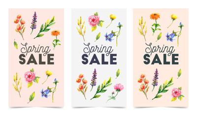 Fototapeta na wymiar Set of spring flowers vector template for Instagram post, Stories, season sale, discounts, promotional, flyers and posters, apps, websites, printing material . Colorful and floral sale badges