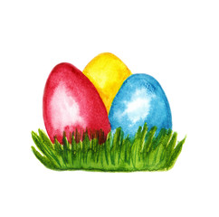 Three bright colored Easter Eggs on the spring green grass. Easter composition made of red, blue, yellow colored eggs. Hand drawn watercolor illustration isolated on a white background.