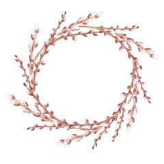 Watercolor hand drawn spring time pussy willow branch round wreath isolated on white background. Easter symbol or spring frame with copy space  for holiday design, fabric, card etc.