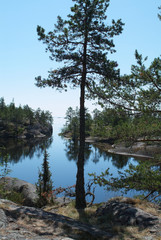 Travel to Russia. Ladoga skerries- hiking on the lake. Nature landscape- national park