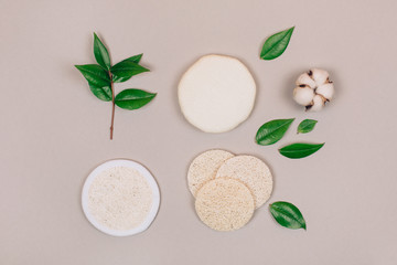 Zero waste sponge. Concept of eco friendly supplies for self-care. Flat lay style.