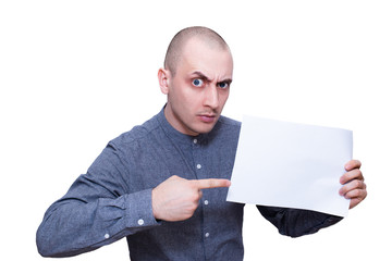 Man shows white blank - expression advertising portrait