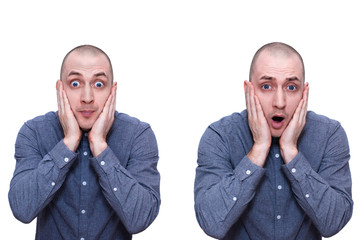 portrait of a shockedf man isolated on white background