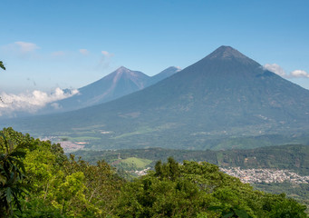 Naklejka na ściany i meble acatenango volcano withits two peaks left and Fuego volcanoe right, volcanoes from Guatemala